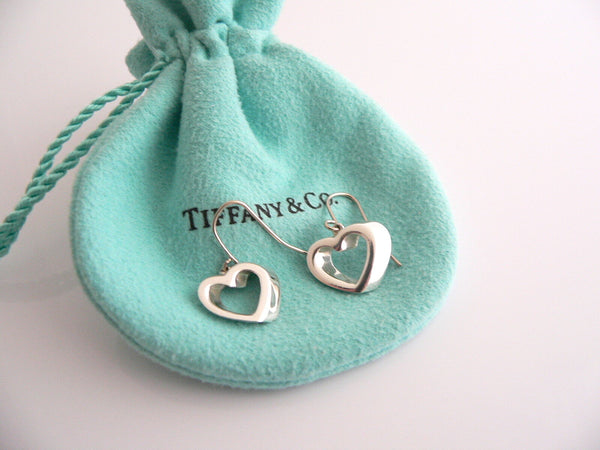 Tiffany & Co Silver Modern Geometric Heart Dangle Dangling Earrings Gift Pouch