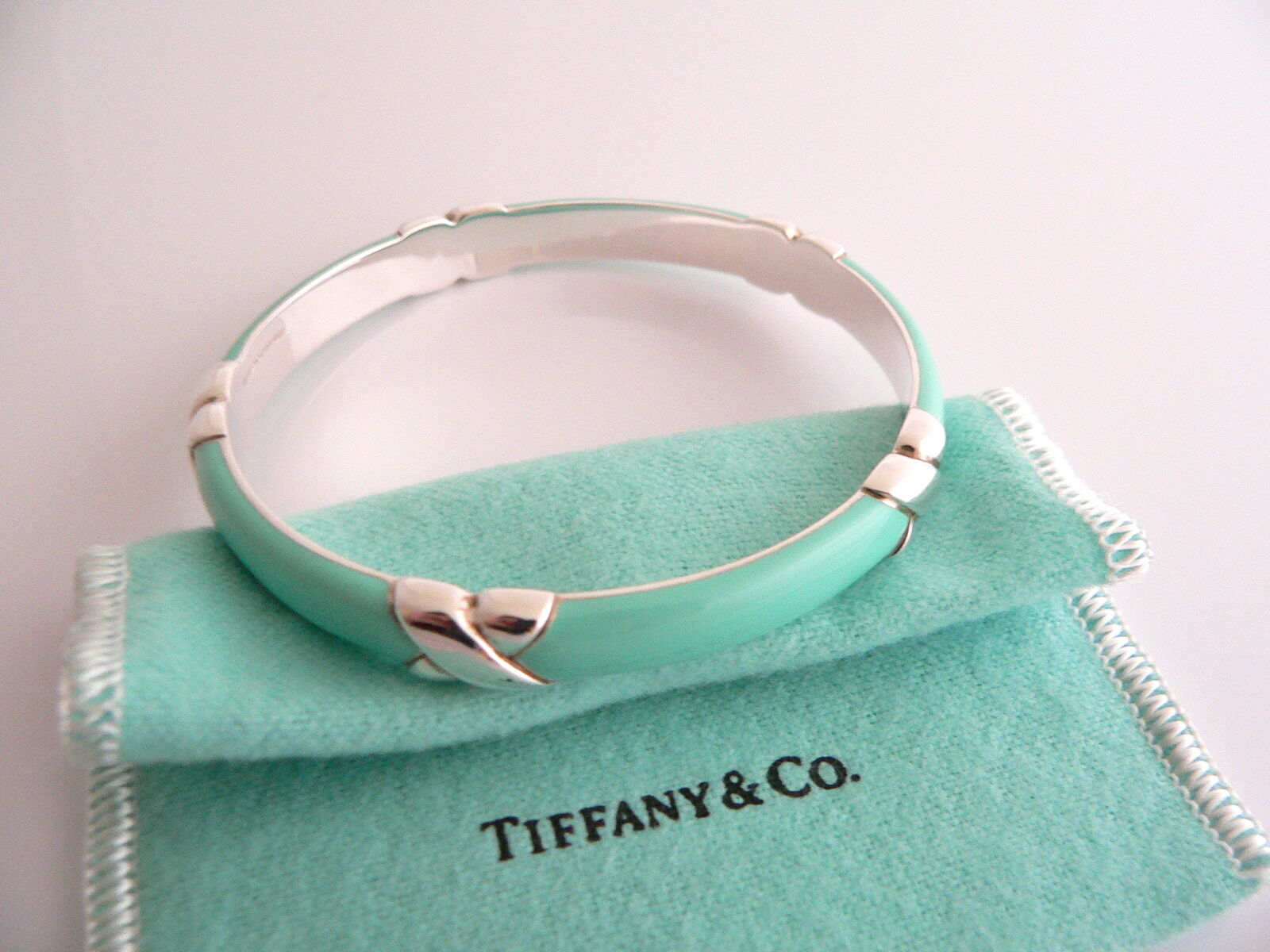 Tiffany & Co Silver Blue Enamel Signature X Bangle Bracelet Wide Gift Pouch Love