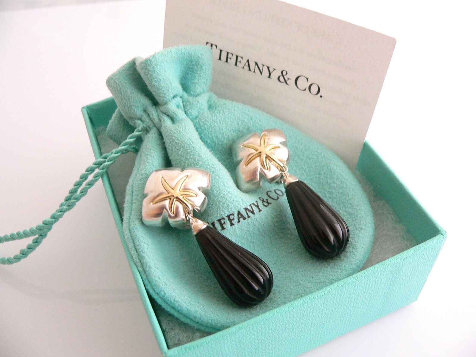 Tiffany & Co Silver 18K Gold Onyx Dangle Dangling Earrings Starfish Gift Pouch