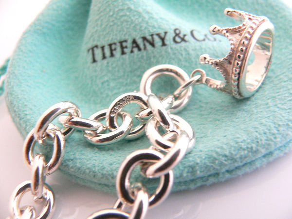 Tiffany & Co Silver Crown Princess Bracelet Bangle Charm Chain Clasp Gift Pouch