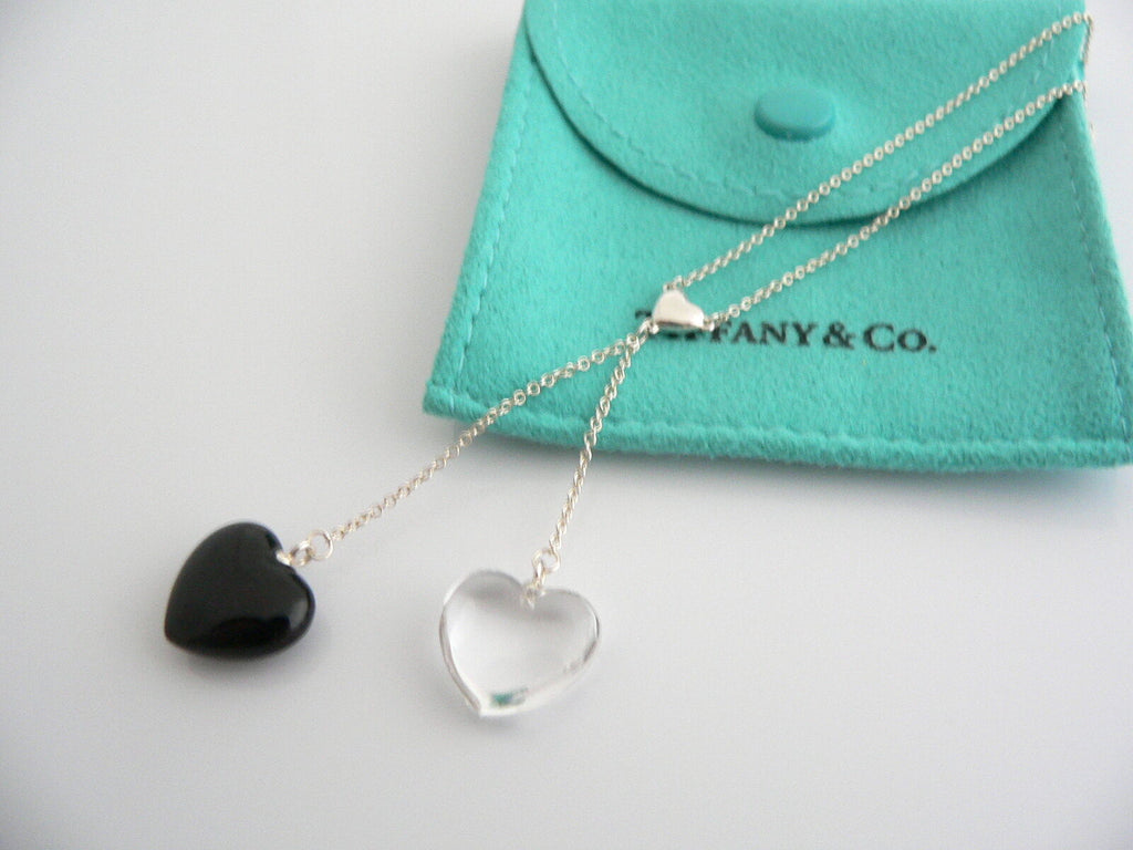 Tiffany Co Silver Onyx Crystal Gemstone Heart Dangle Necklace Pendant Gift