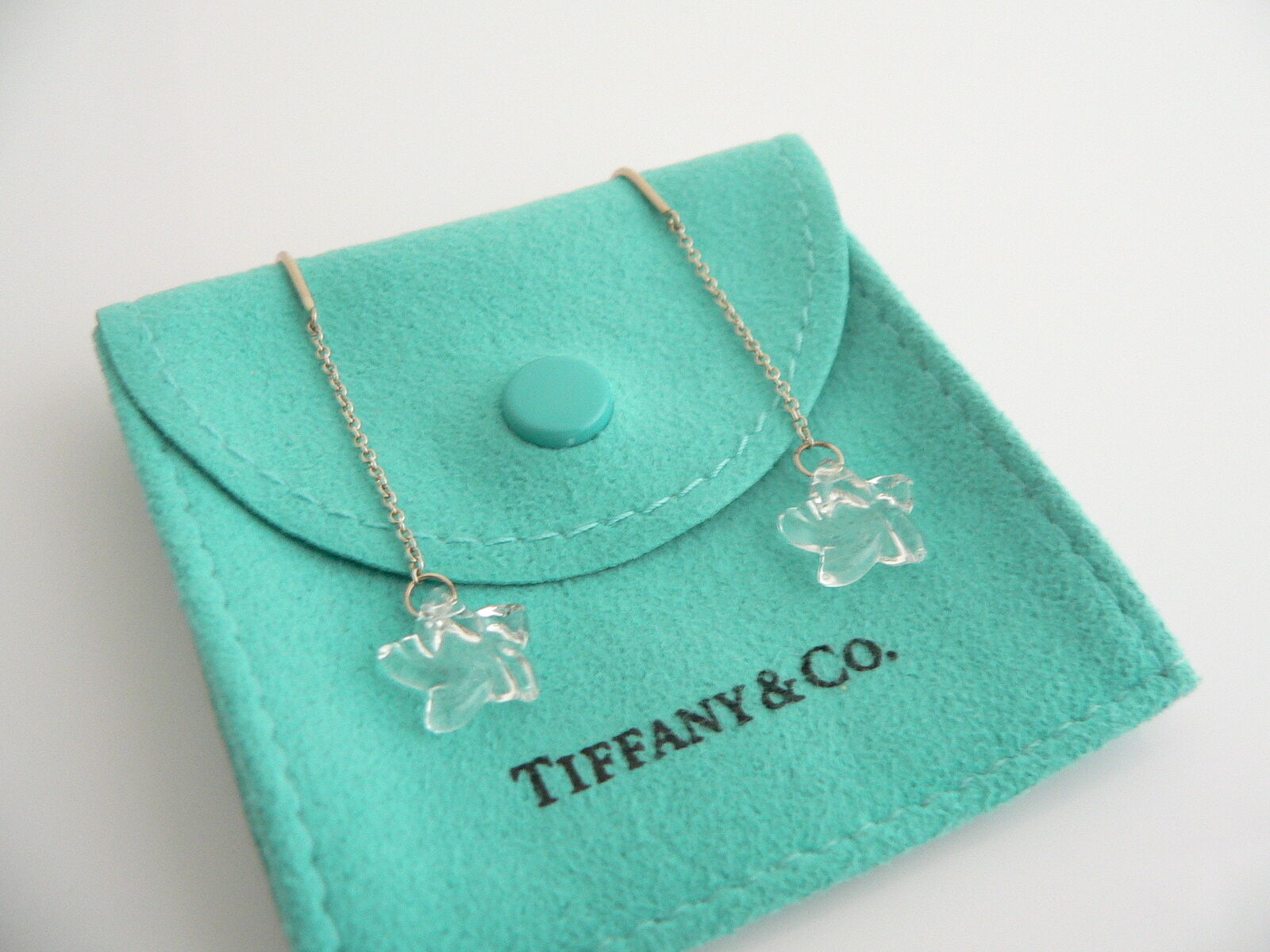 Tiffany & Co Peretti Silver Rock Crystal Star Dangle Earrings Studs Gift Pouch
