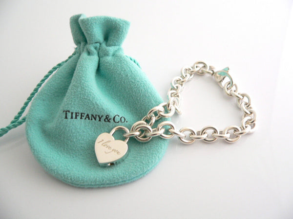 Tiffany & Co Silver I LOVE YOU Heart Bracelet Padlock Charm Bangle Gift Pouch