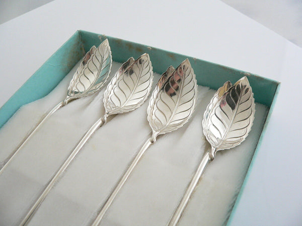 Tiffany & Co Leaf Mint Julep Iced Tea Spoons Straw Rare Set Of 4 Silver Gift Art