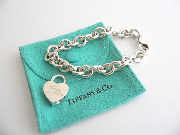 Tiffany & Co Silver Notes Heart Padlock Charm Bracelet Bangle 7.4 Inch Gift Love