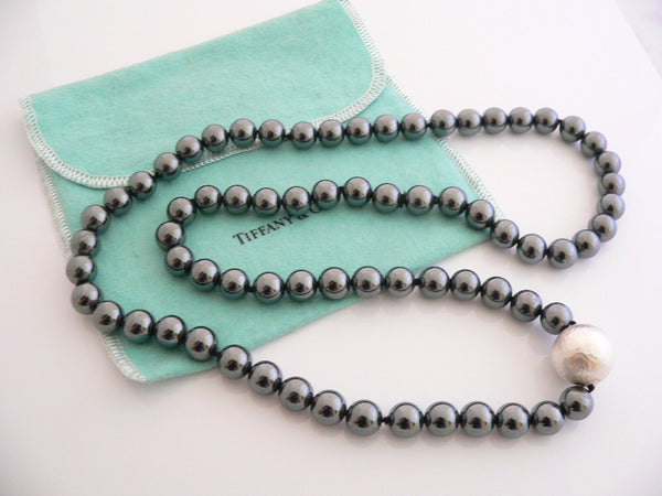 Tiffany & Co Silver Hematite Necklace 29 Inch Bead Strand Gift Pouch Love