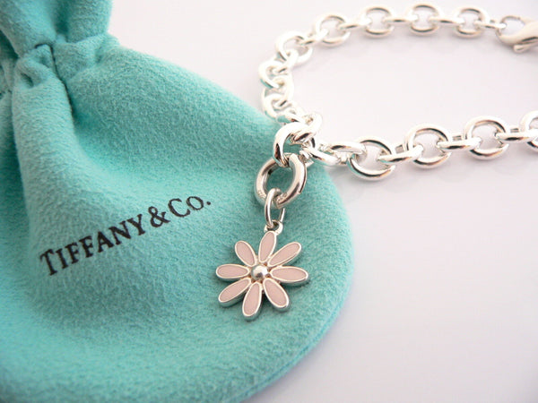 Tiffany & Co Daisy Flower Bracelet Silver Pink Enamel Bangle Charm Clasp Gift