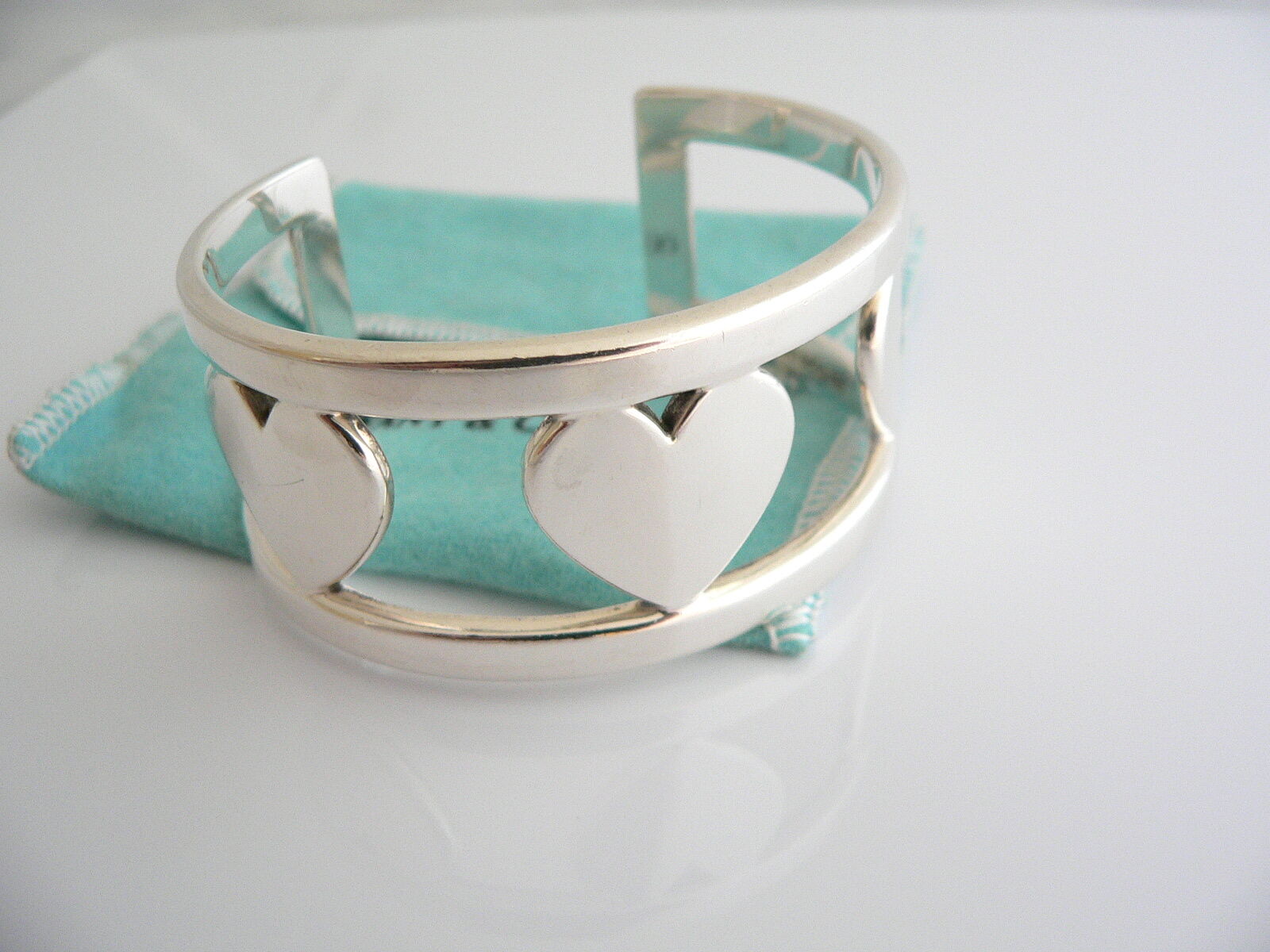 Tiffany & Co Silver Heart Bar Cuff Bangle Bracelet Rare Gift Pouch Love Art
