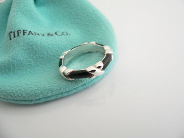 Tiffany & Co Signature Ring Silver Black Enamel X Stacking Band Sz 5 Gift Love