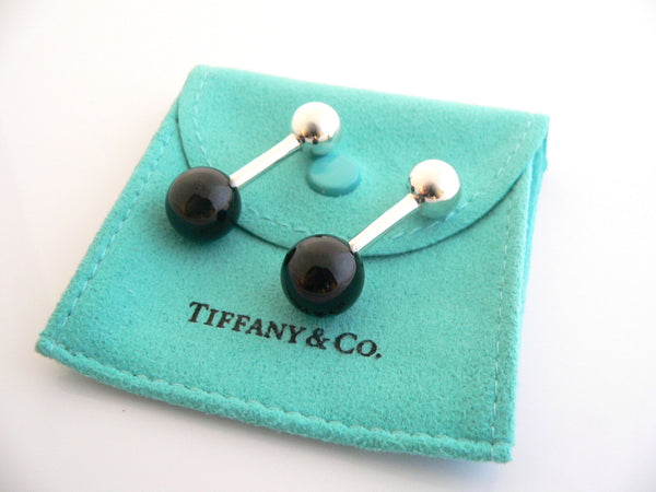 Tiffany & Co Silver Black Onyx Gemstone Barbell Cuff Link Cufflink Gift Pouch
