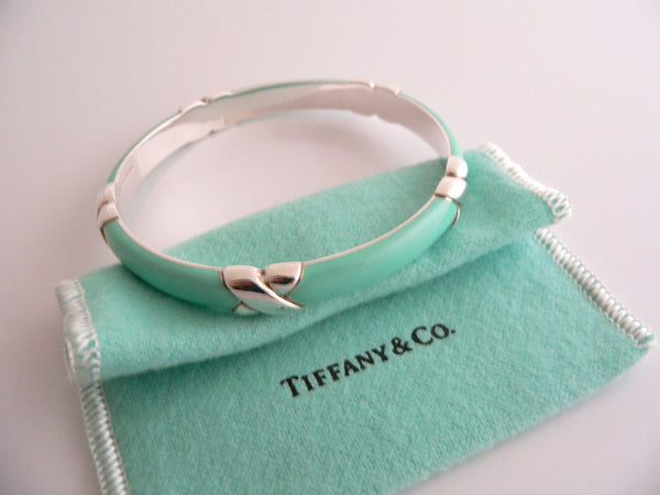 Tiffany & Co Silver Blue Enamel Signature X Bangle Bracelet Wide Gift Pouch Love