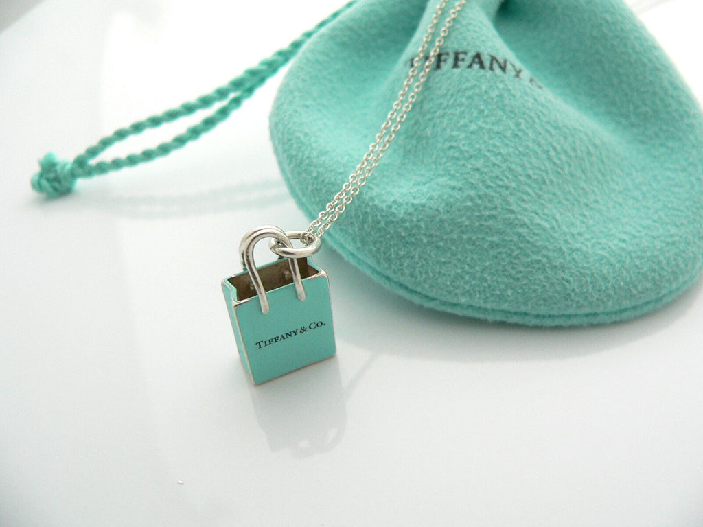 Tiffany & Co Silver Blue Enamel Shopping Bag Necklace Charm Pendant Gift Pouch