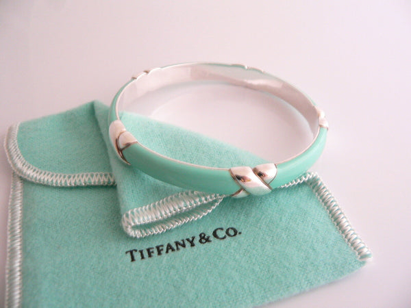 Tiffany & Co Silver Blue Enamel Signature X Bangle Bracelet Wide Gift Pouch Love