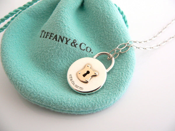 Tiffany & Co Silver 18K Gold Round Locks Necklace Pendant 18 In Oval Link Chain