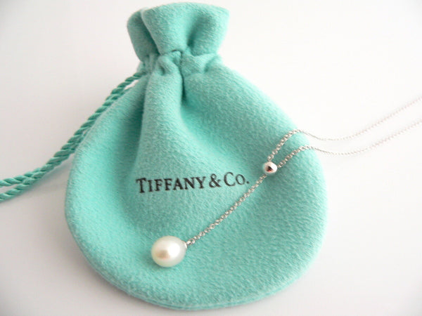 Tiffany & Co 18K Gold Pearl Dangle Dangling Necklace Pendant Chain Gift Pouch