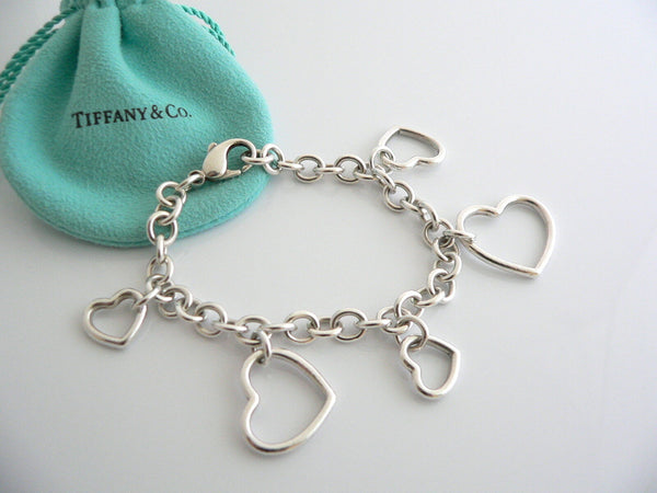 Tiffany & Co Silver 5 Hearts Dangle Bracelet Bangle Link 7.5 In Chain Gift Love