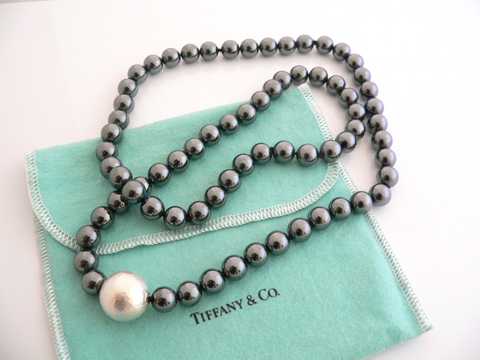 Tiffany & Co Silver Hematite Necklace 29 Inch Bead Strand Gift Pouch Love