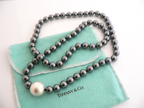 Tiffany & Co Silver Hematite Necklace 29 Inch Bead Strand Gift Pouch Love