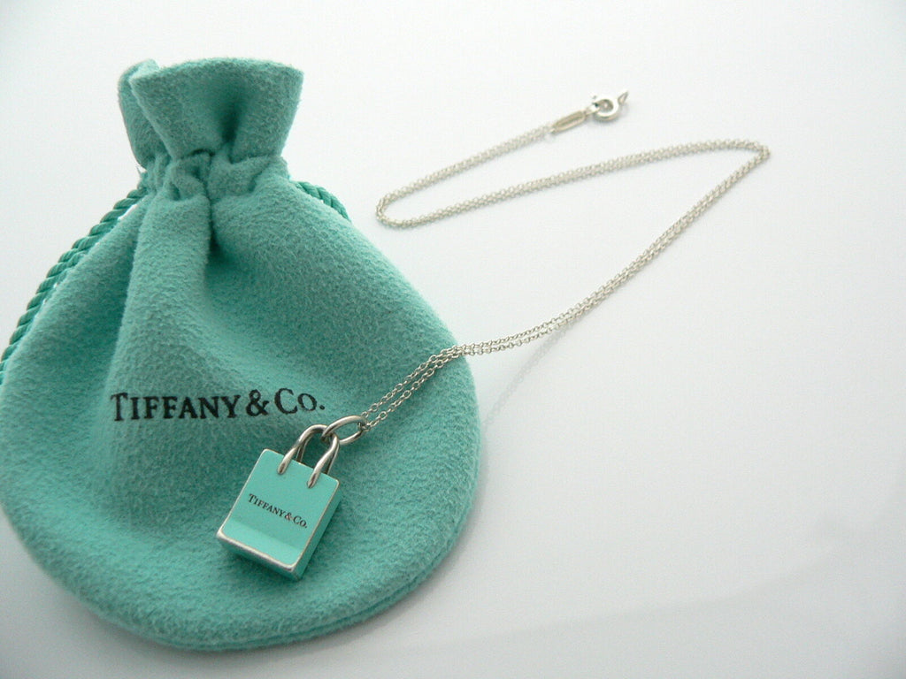 Tiffany Co Silver Blue Enamel Shopping Bag Necklace Charm