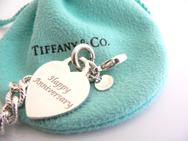 Tiffany & Co Silver HAPPY ANNIVERSARY Heart Charm Pendant Cable Bracelet Pouch