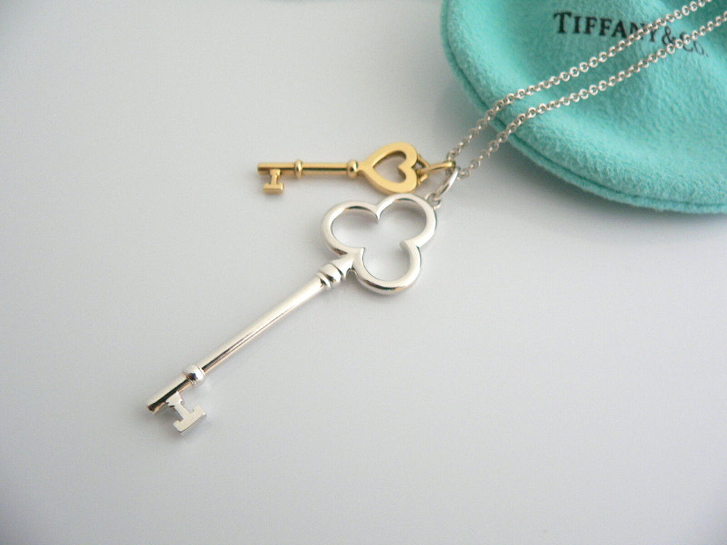 Tiffany Co Silver 18K Gold Heart Key Trefoil Necklace Pendant