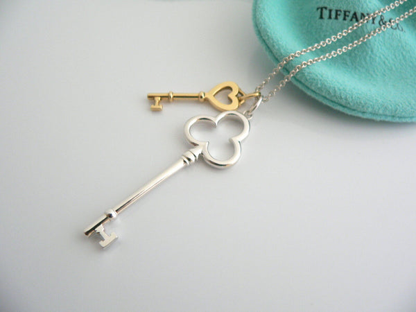 Tiffany Co Silver 18K Gold Heart Key Trefoil Necklace Pendant Charm 18 Inch Gift