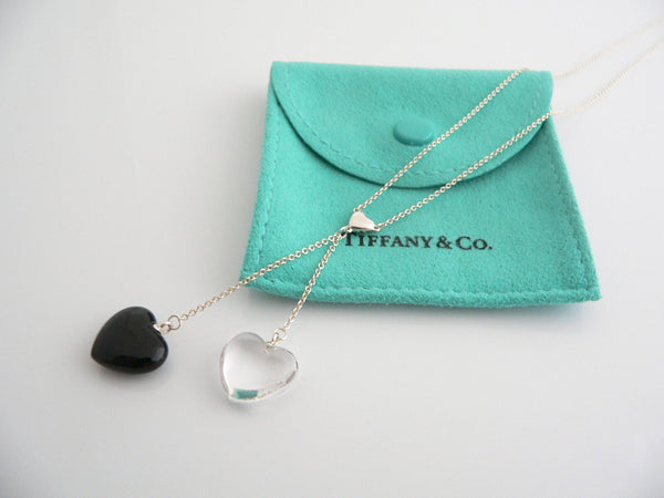 Tiffany & Co Silver Onyx Crystal Gemstone Heart Dangle Necklace Pendant Gift