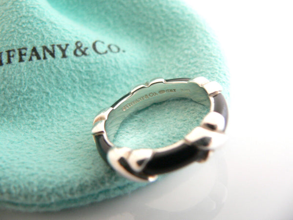 Tiffany & Co Silver Black Enamel Signature X Stacking Ring Band Sz 5.5 Gift Love