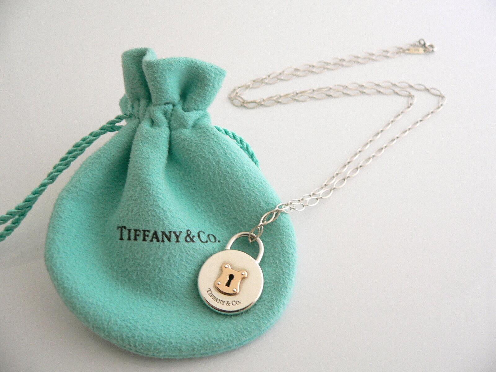 Tiffany Co Silver 18K Gold Round Locks Necklace Pendant 18 In