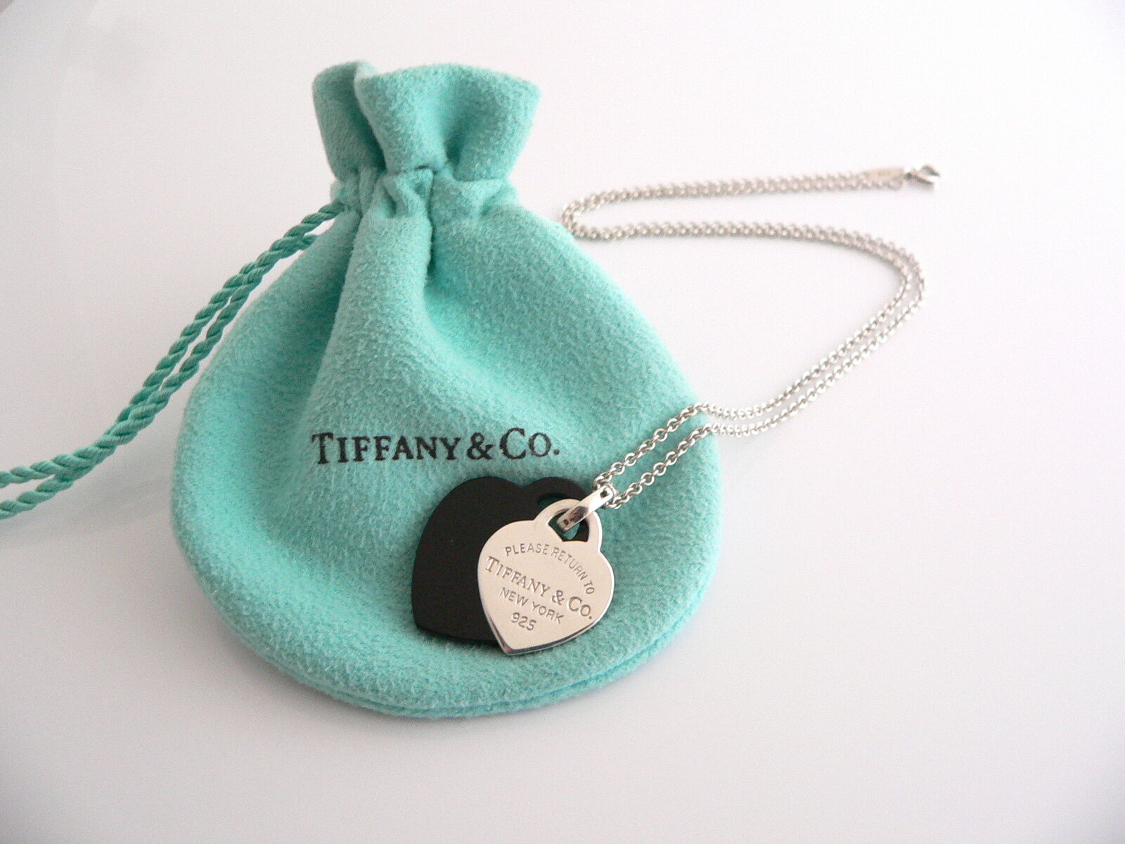 Tiffany & Co Silver Onyx Gemstone Heart Necklace Pendant 18 In Chain Gift  Love