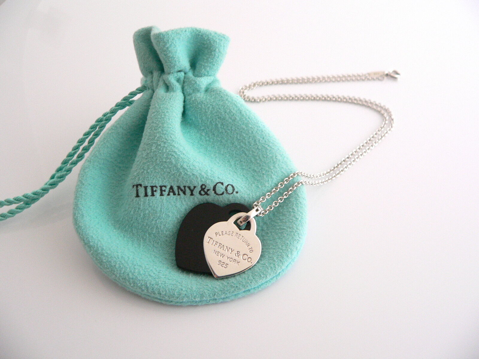 Tiffany & Co Return to Silver Black Onyx Double Heart Necklace Pendant Gift Love