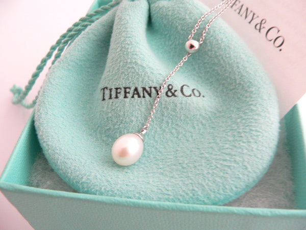 Tiffany & Co 18K Gold Pearl Dangle Dangling Necklace Pendant Chain Gift Pouch