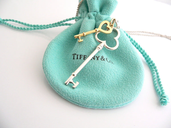 Tiffany Co Silver 18K Gold Heart Key Trefoil Necklace Pendant Charm 18 Inch Gift