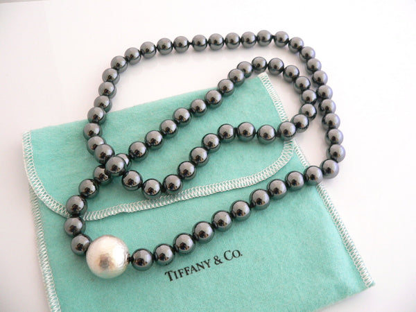 Tiffany & Co Silver Hematite Necklace 29 Inch Bead Strand Gift Pouch Love