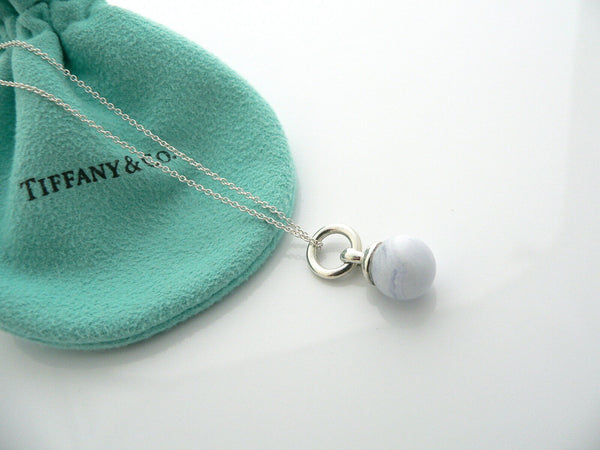 Tiffany & Co Silver Blue Chalcedony Fascination Bead Necklace Pendant Gift Pouch