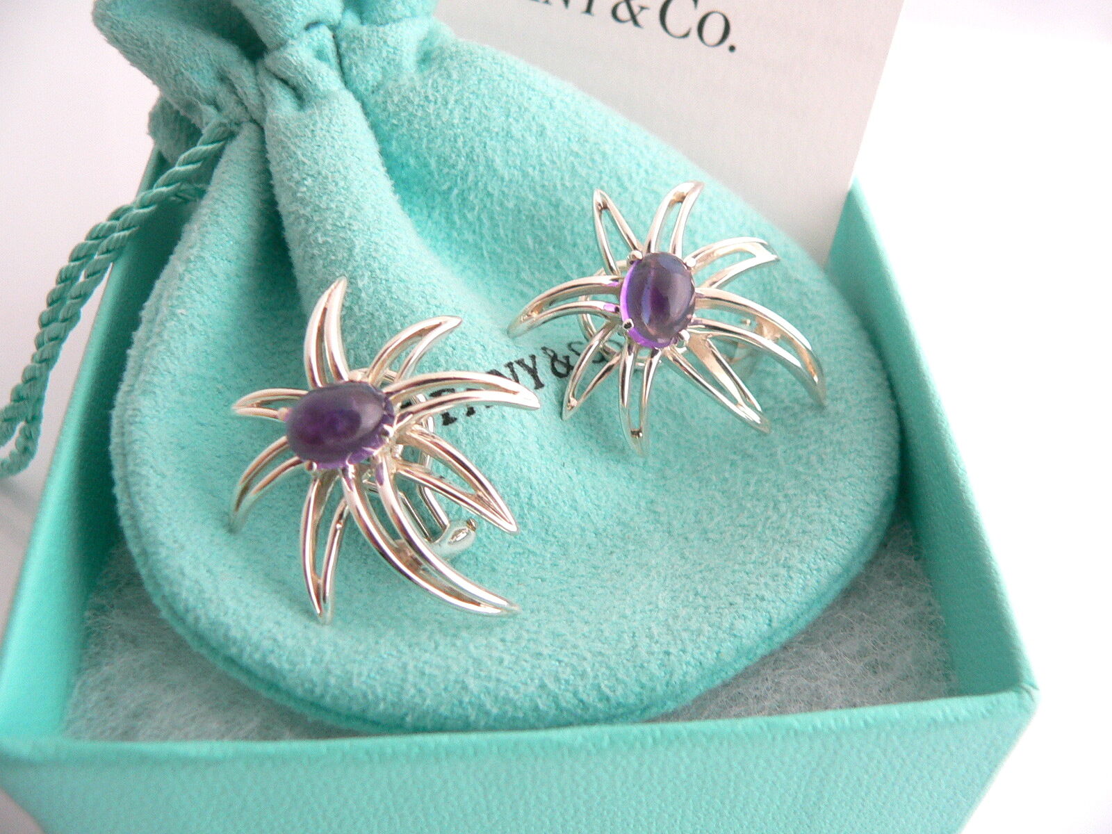 Tiffany & Co Amethyst Earrings Gemstone Fireworks Clip On Love Gift Pouch Art