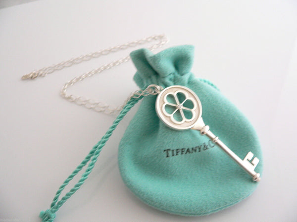 Tiffany Co Silver Diamond Blossom Key Necklace Pendant 24 inch Gift Love Pouch