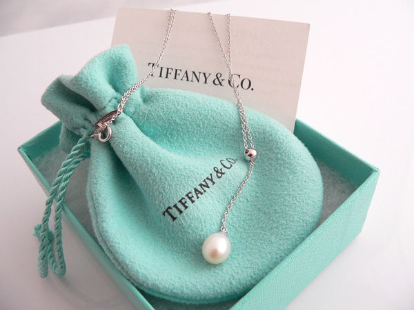 Tiffany & Co 18K Gold Pearl Dangle Dangling Necklace Pendant Chain Gift Pouch