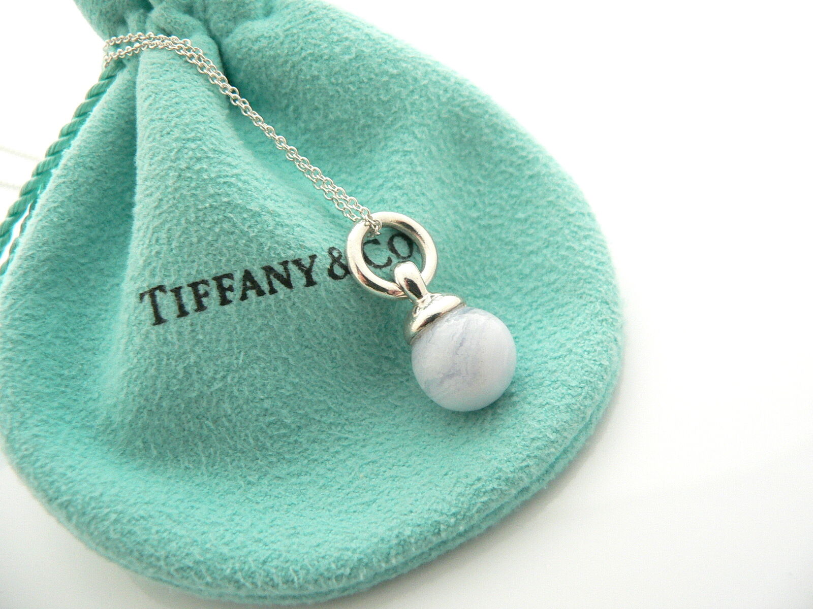Tiffany & Co Silver Blue Chalcedony Fascination Bead Necklace Pendant Gift Pouch