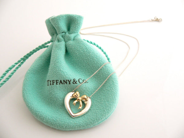 Tiffany & Co Silver 18K Gold Heart Ribbon Bow Necklace Pendant Charm 18 In Long