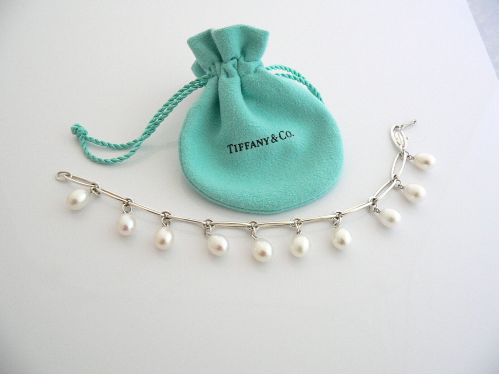 Tiffany Co Pearl Bracelet Bangle Oval Chain Love Gift Pouch Silver Box Classic