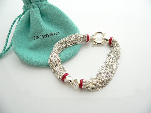 Tiffany & Co Silver Red Enamel Strand Bracelet Bangle Lifesaver Rare Gift Pouch