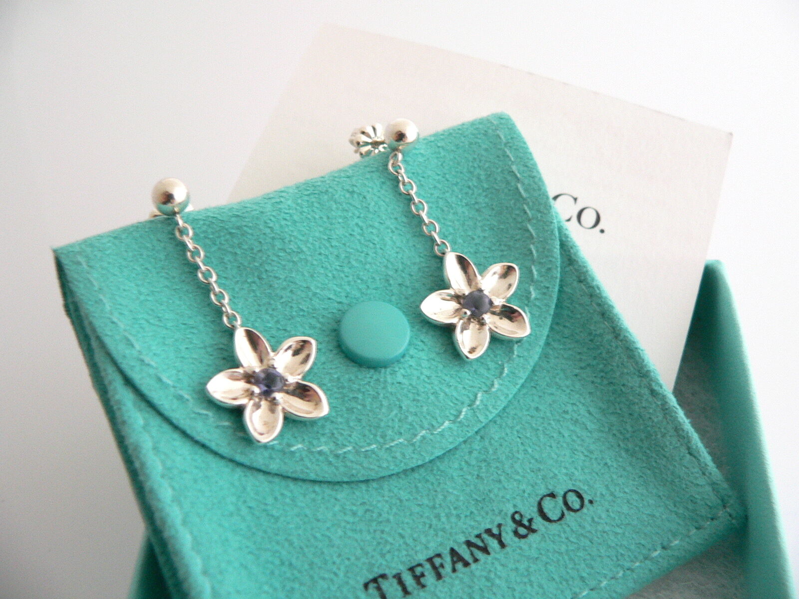 Tiffany & Co Flower Iolite Gemstone Dangle Earrings Gift Nature Love Pouch Cool