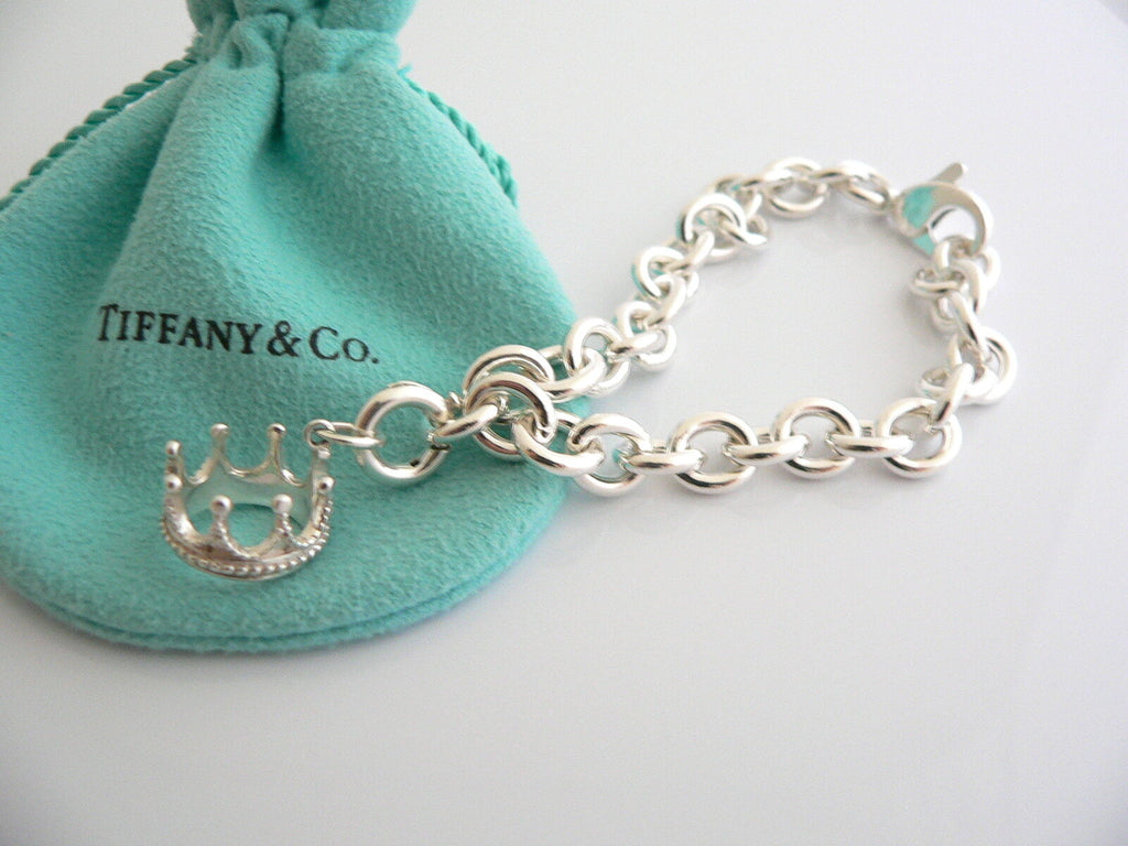 Tiffany Co Silver Crown Princess Bracelet Bangle Charm Chain Clasp Gift Pouch