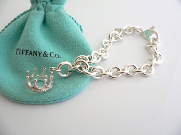 Tiffany & Co Silver Crown Princess Bracelet Bangle Charm Chain Clasp Gift Pouch