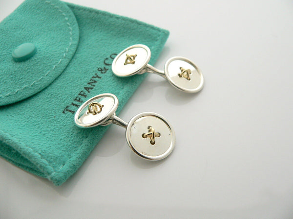 Tiffany & Co Silver 18K Gold Double Button CuffLinks Cuff Links Gift Pouch Love
