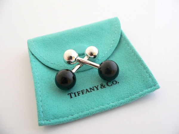 Tiffany & Co Silver Black Onyx Gemstone Barbell Cuff Link Cufflink Gift Pouch