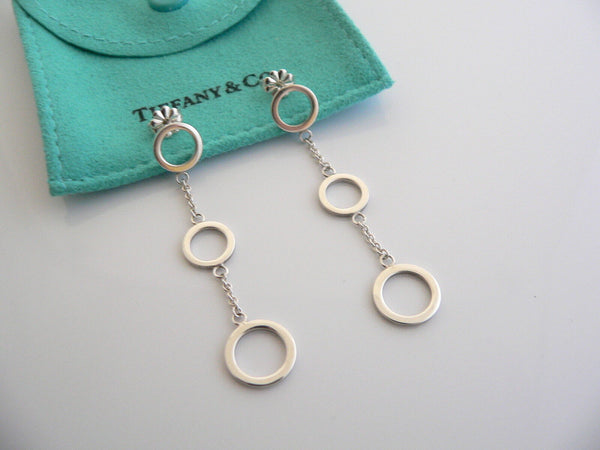 Tiffany & Co Silver 3 Triple Circles Dangling Dangle Earrings Rare Gift Pouch