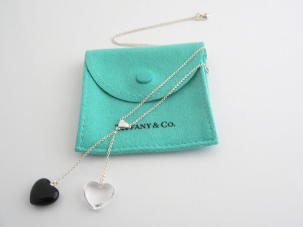Tiffany & Co Silver Onyx Crystal Gemstone Heart Dangle Necklace Pendant Gift