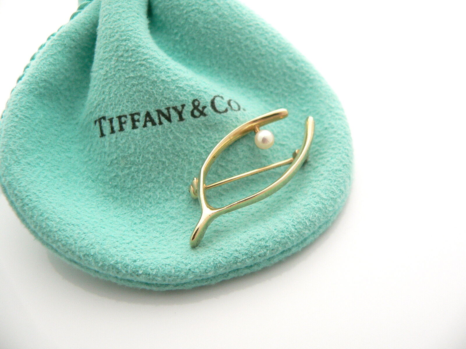 Tiffany & Co 14K Yellow Gold Pearl Pin Brooch Wishbone Wish Bone Love Gift Lucky